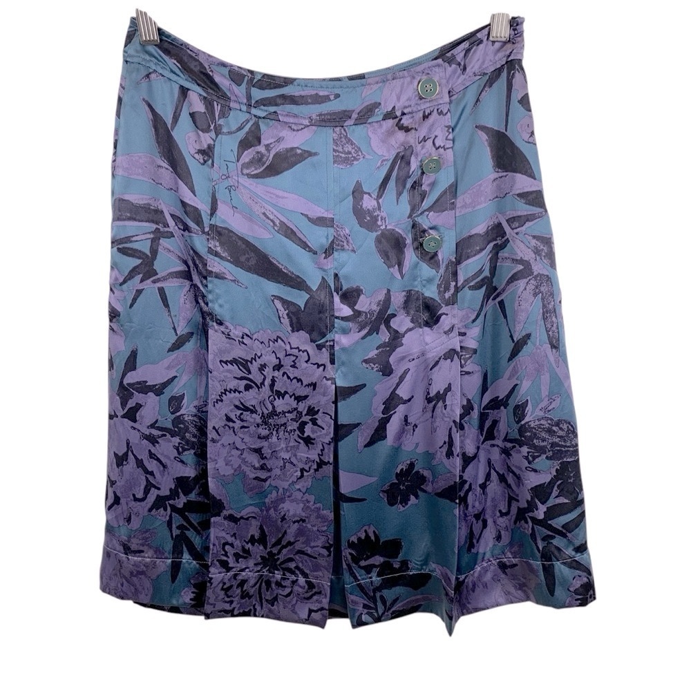 Tory Burch sz 4 Purple Blue Floral Silk Box Pleated Kilt Style Skirt Buttons